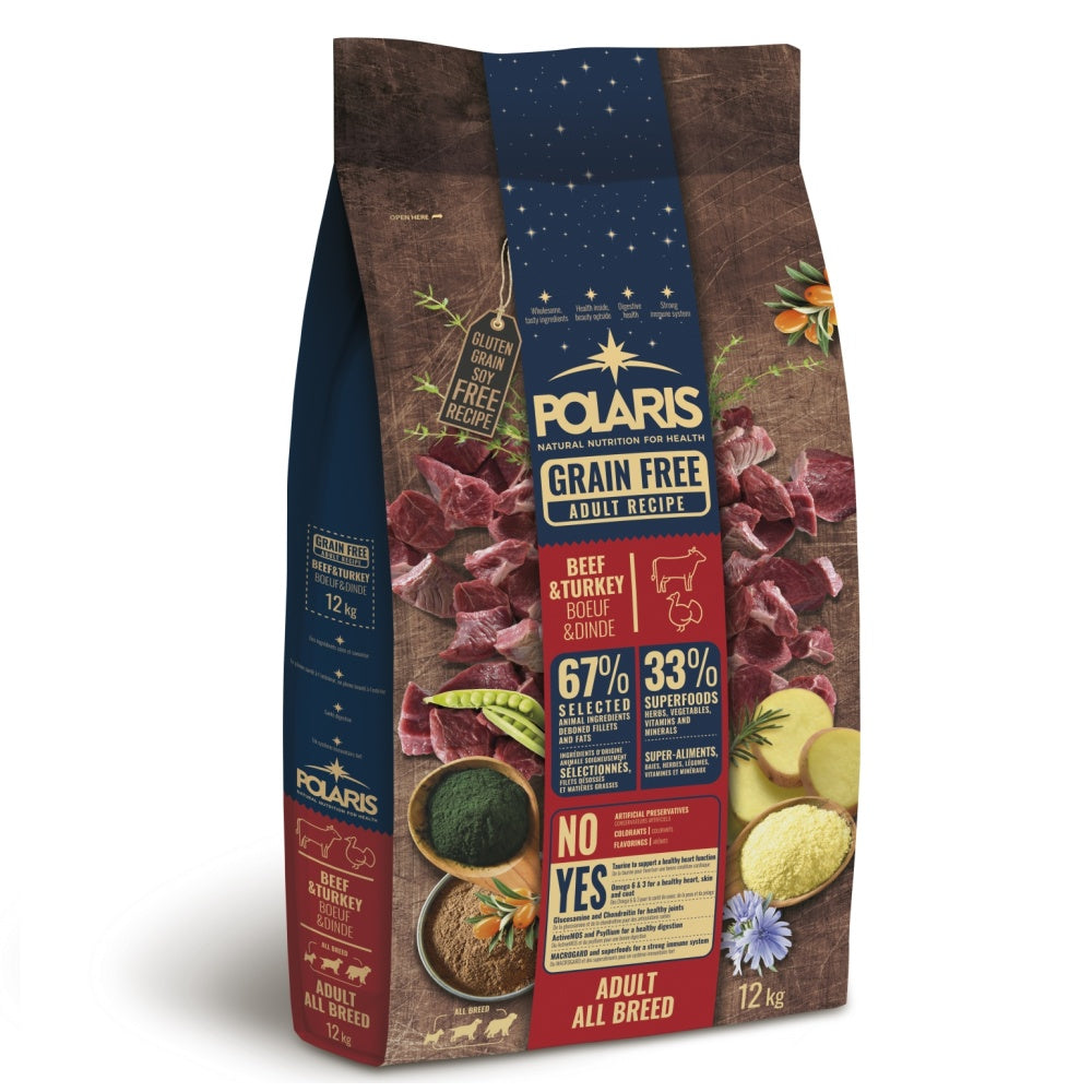 פולאריס לכלבים בוגרים מכל הגזעים ללא דגנים עם בקר והודו טריים | Polaris