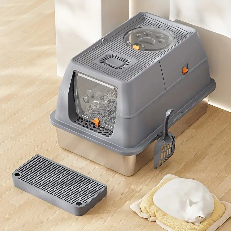 שירותים גדול לחתולים מנירוסטה סגור מתאים לחתולים גדולים