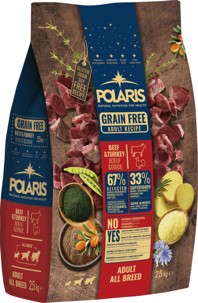 פולאריס לכלבים בוגרים מכל הגזעים ללא דגנים עם בקר והודו טריים | Polaris