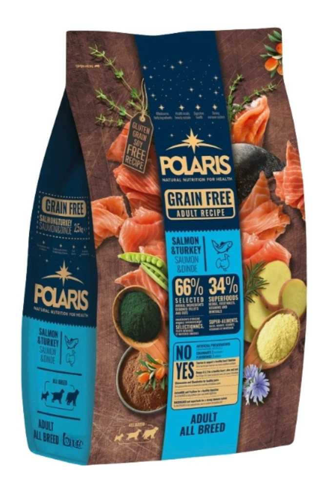 פולאריס לכלבים בוגרים מכל הגזעים ללא דגנים עם סלמון והודו טריים | Polaris